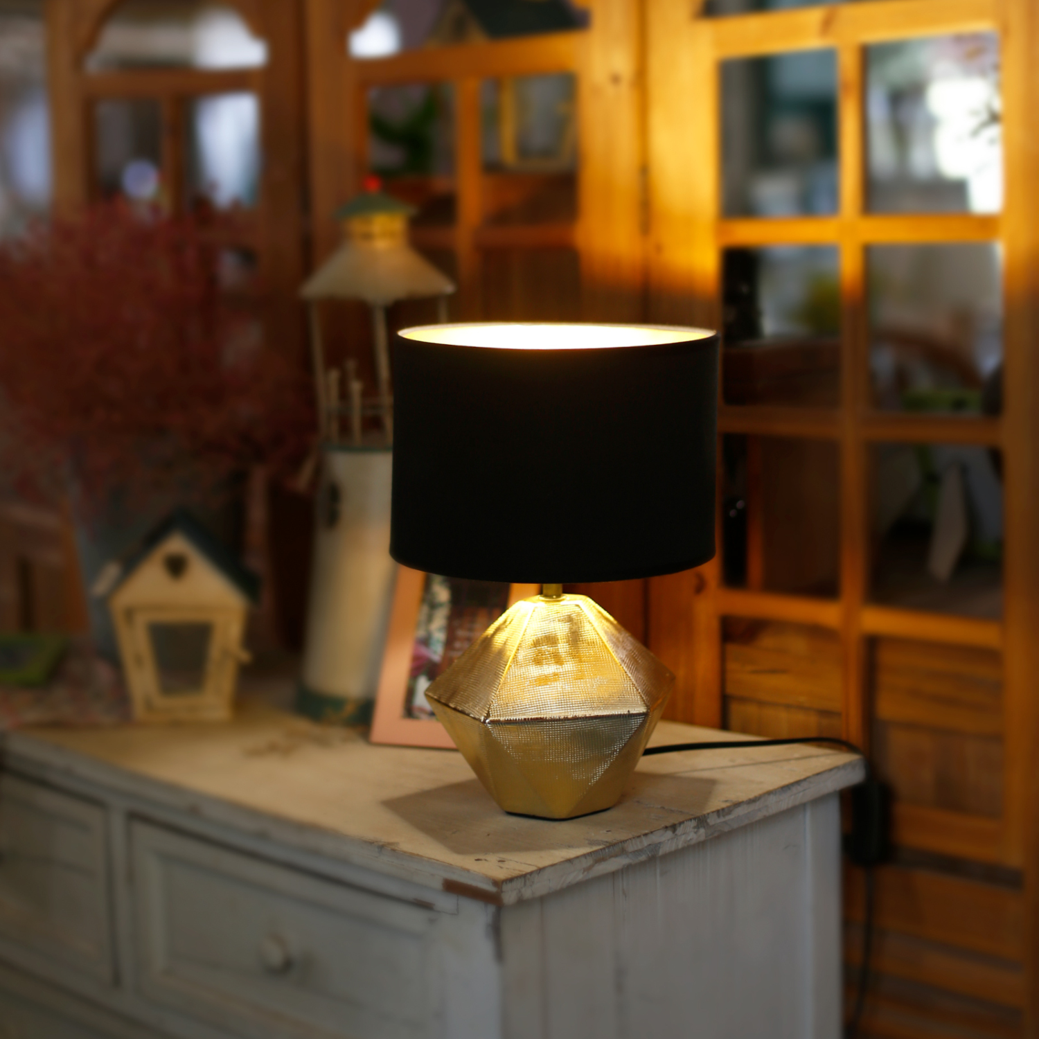 Lampada da Comodino, Moderna Lampada da Tavolo Base in Ceramica Paralume in Stoffa, Attacco E14, 22 * 22 * 32cm Cavo 1,3 Metri, Design Vintage.