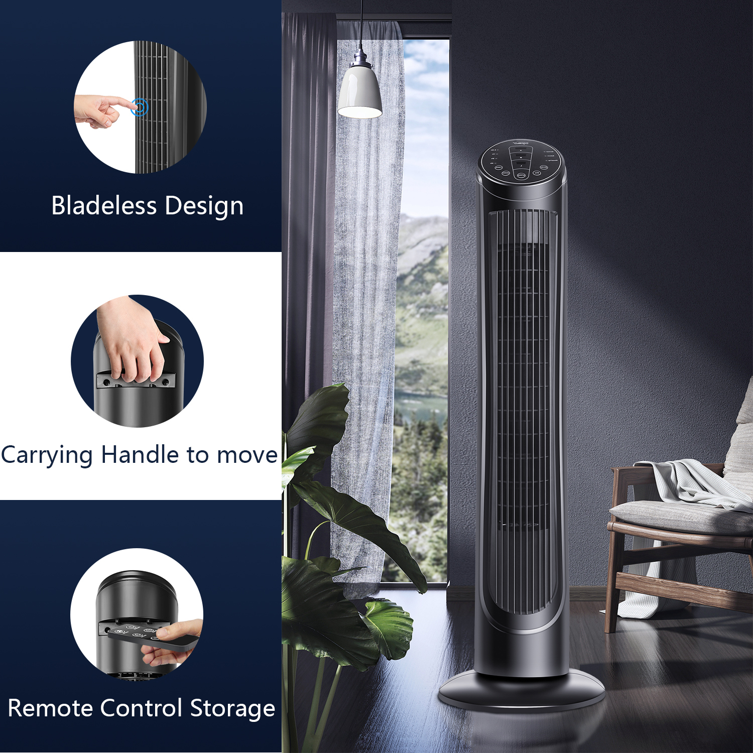 Tower Fan, 40“ Oscillating Tower Fan with Remote Control, Electric Quiet Cooling Bladeless Fan 3 Wind Modes & Speeds, 7.5H Timer, Standing Floor Fan Portable for Home Bedroom Office, Black, Windy