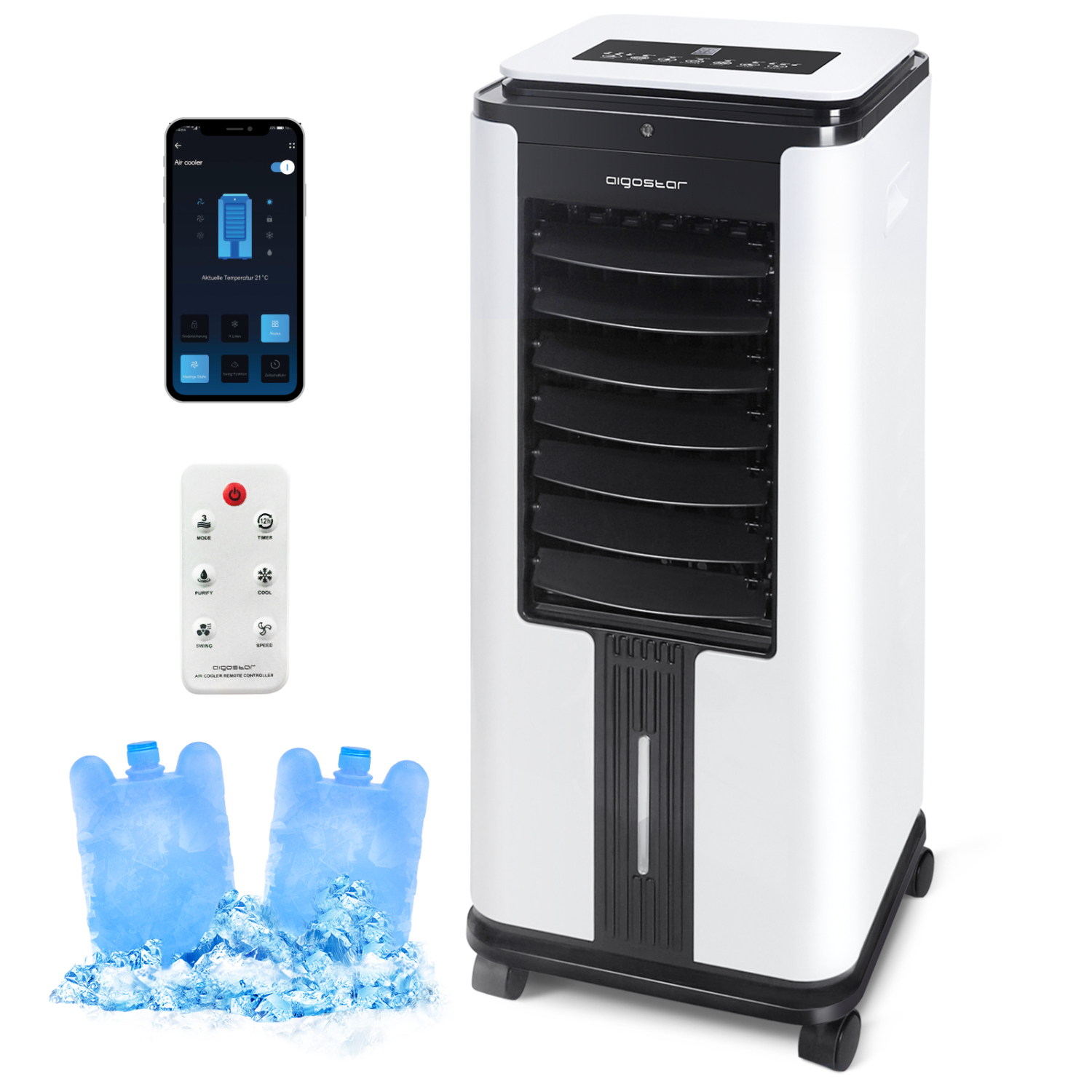 Aigostar Elsa smart - Luftkühler, Kühlgebläse, Luftbefeuchter mit Bedienfeld, 3 Modi 3 Geschwindigkeiten, Fernbedienung, WLAN-Verbindung über App , Timer bis zu 12 Stunden, 7 L-Wassertank und Eisbox