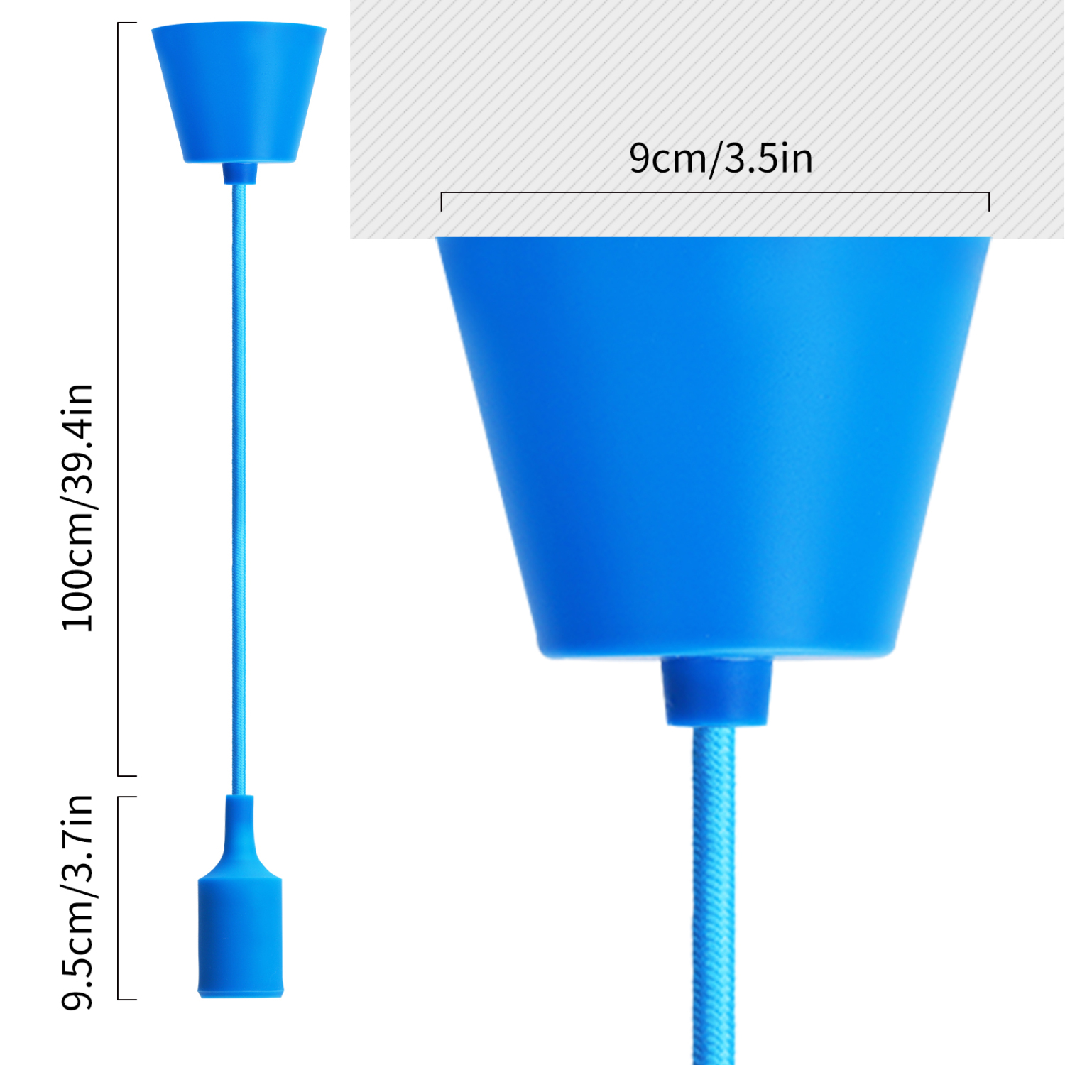 Aigostar Portalámparas Colgante de Plástico E27,100cm Cable con Soporte de Techo,Accesorios de La Lámpara DIY,Azul
