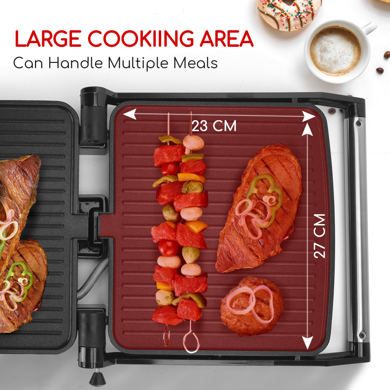 Aigostar Calore 30HHK - Grill multifonction: plancha pour viande et légumes, presse à paninis et sandwichs de 1800W avec plaques anti-adhésives, intensité réglable, et ouverture à 180º.