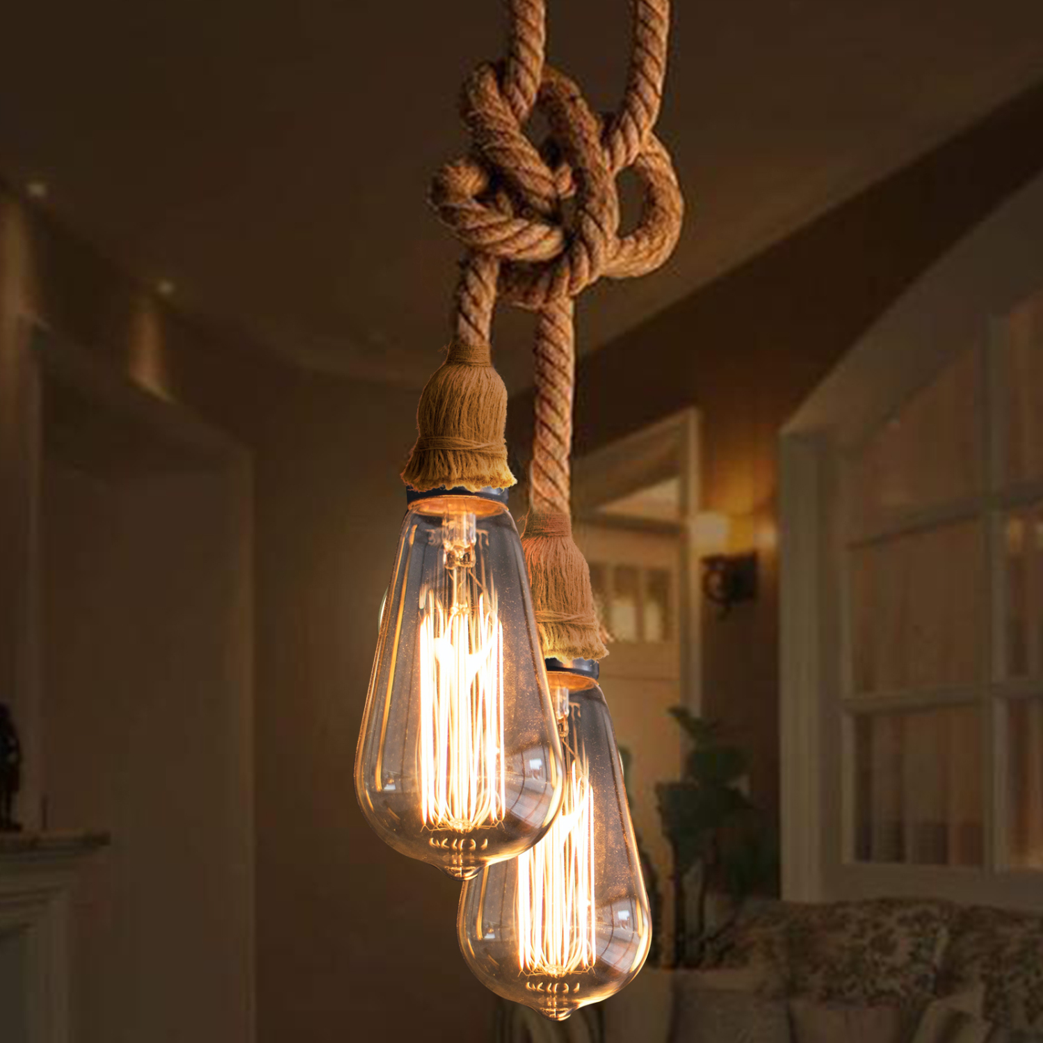 Aigostar - Soporte de doble lámpara de cuerda de cáñamo colgante, cable ajustable E27100CM, estilo retro rural, 60W