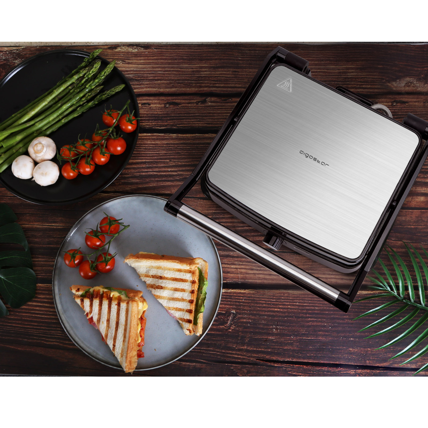 Aigostar Calore 30HHK - Grill multifonction: plancha pour viande et légumes, presse à paninis et sandwichs de 1800W avec plaques anti-adhésives, intensité réglable, et ouverture à 180º.
