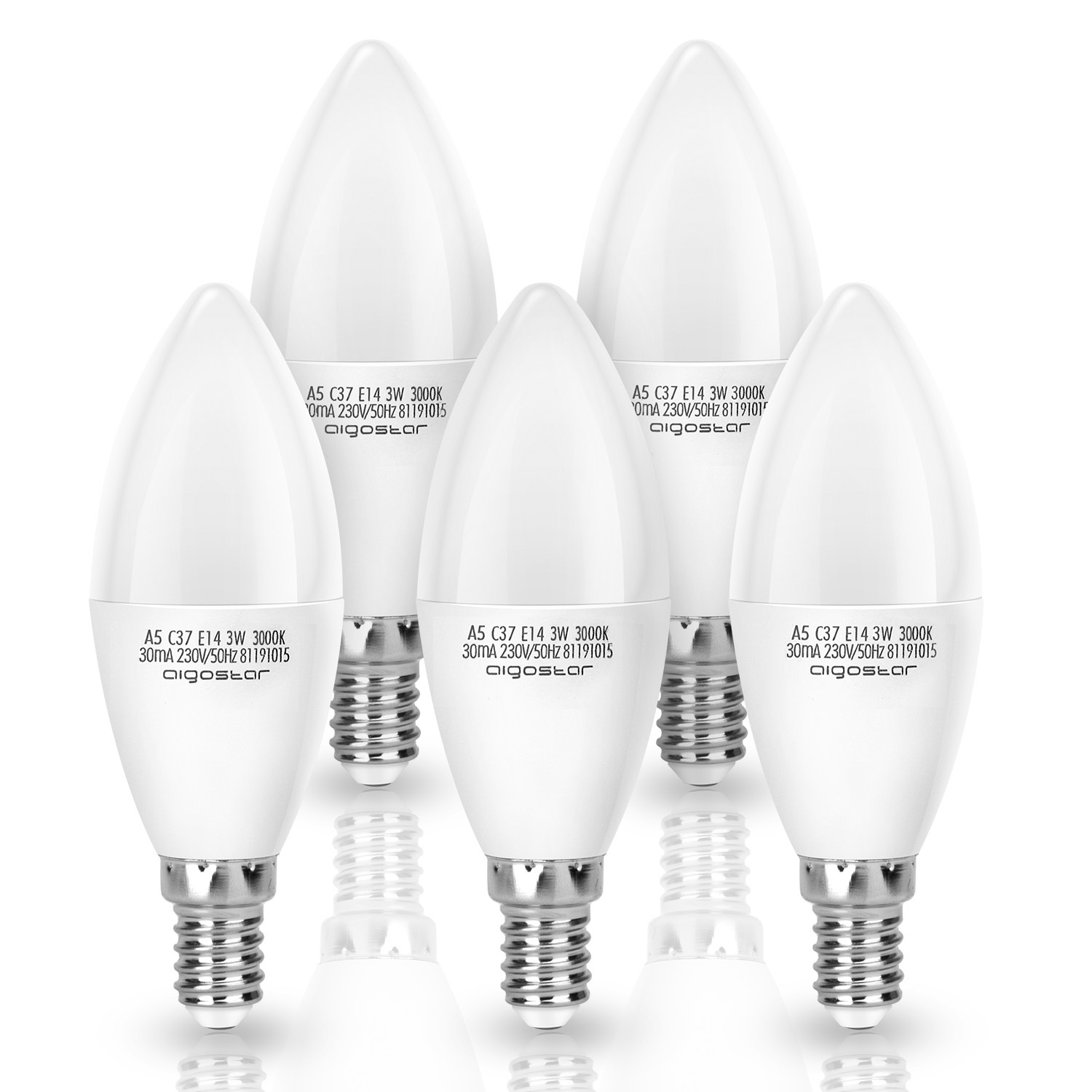 Aigostar - Lampadine LED E14 Candela, 3W equivalente a 24W, 240 lumen, Luce Fredda 3000K, Pacco da 5[Classe di efficienza energetica A+]
