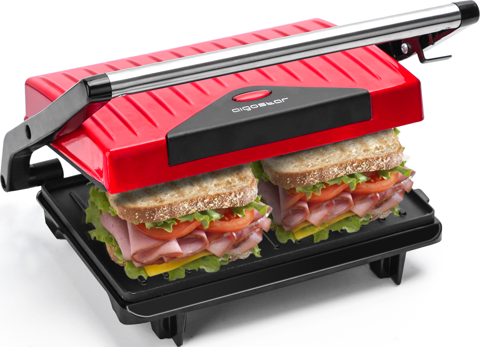 Grill color rojo y negro sandwichera y máquina de panini 700 W de potencia asa de toque frío Libre de BPA parrilla placas antiadherentes Aigostar Warme 30HHH Diseño exclusivo. 