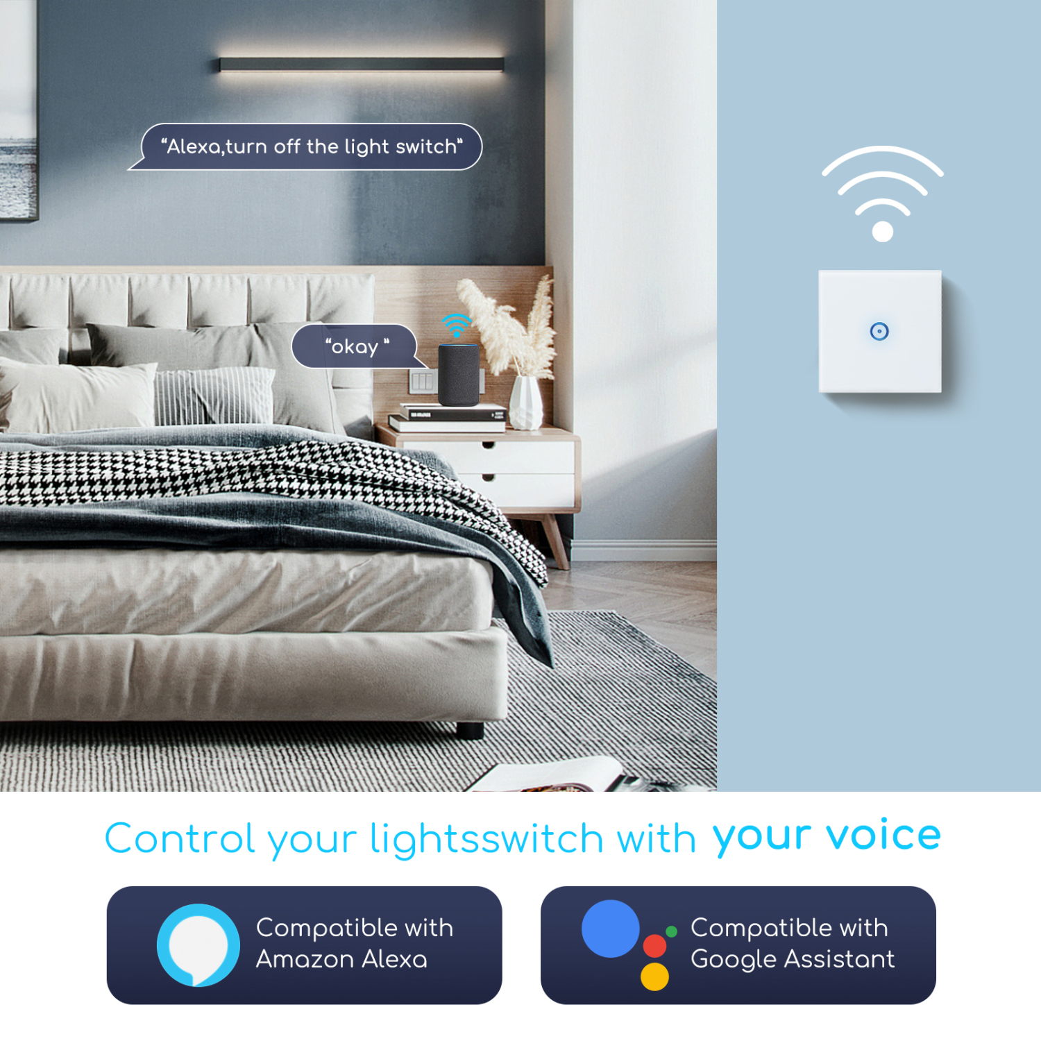 Aigostar Alexa Smart Lichtschalter, 1 Weg Wifi Lichtschalter Kompatibel mit Alexa/Google Home, APP Fernbedienung Intelligenter Schalter mit WLAN Glas Touchscreen, Timing-Funktion, 6 Pack
