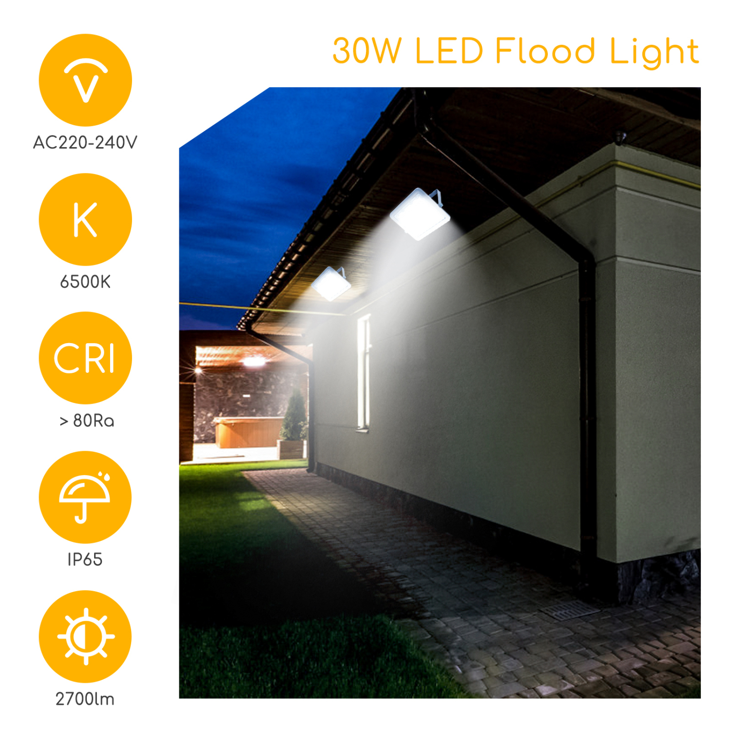 Aigostar LED Esterno, Proiettore da esterno 30W 6500K, Proiettore da esterno 2700LM impermeabile IP65 per cortile, giardino, garage