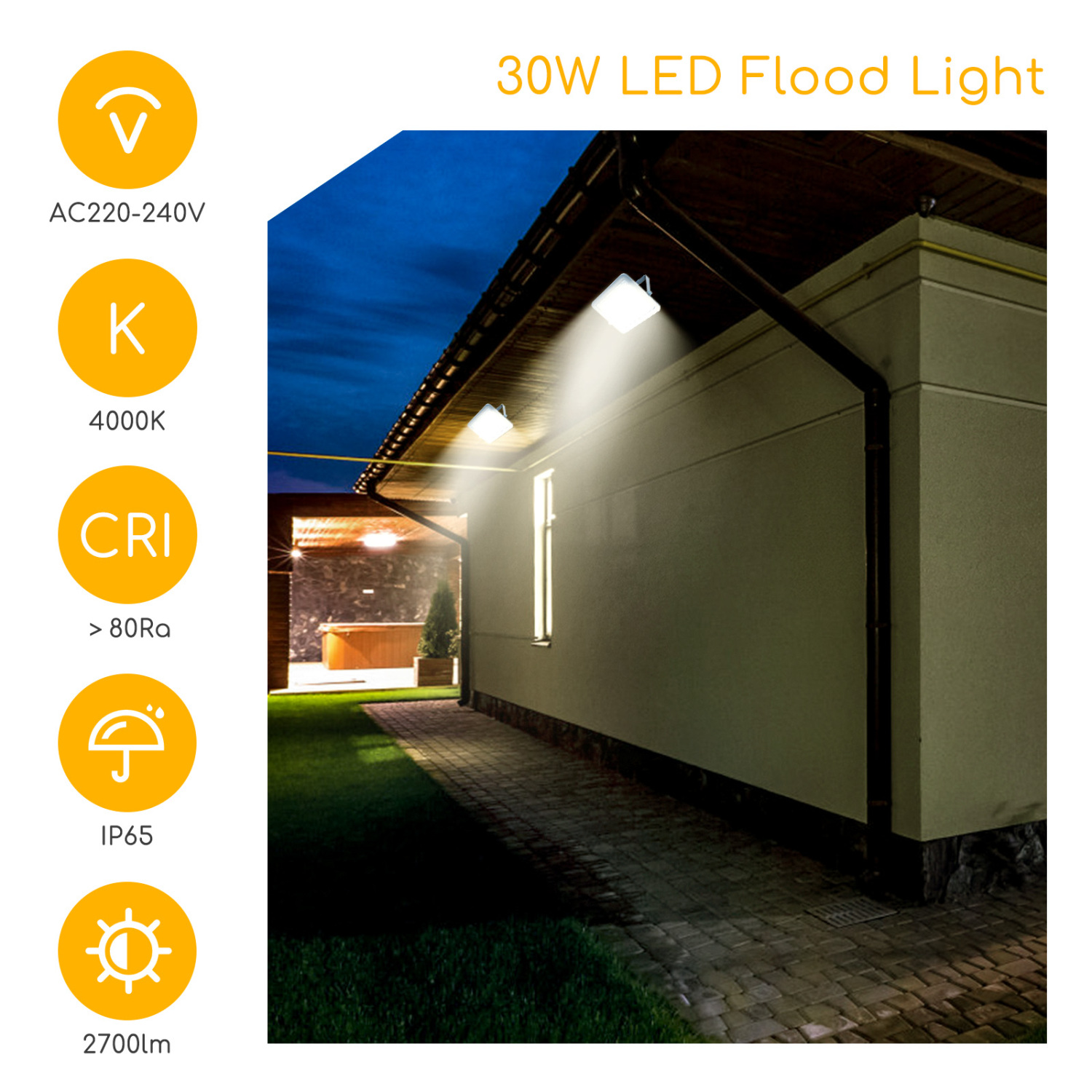 Aigostar LED Esterno, Proiettore da esterno 30W 4000K, Proiettore da esterno 2700LM impermeabile IP65 per cortile, giardino, garage