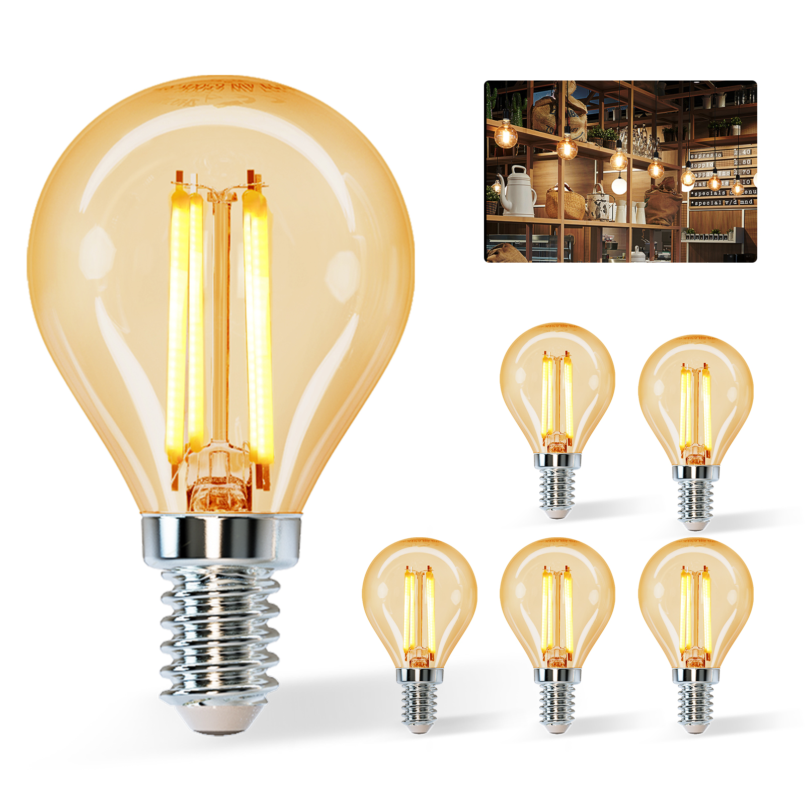 Aigostar Edison Lampadine LED E14, Luce Calda 2200K,4W(equivalente a 37W),420LM,Lampadine di Filamento G45,Lampade Decorativa Retrò per Bar Caffè Hotel, 5 Pezzo