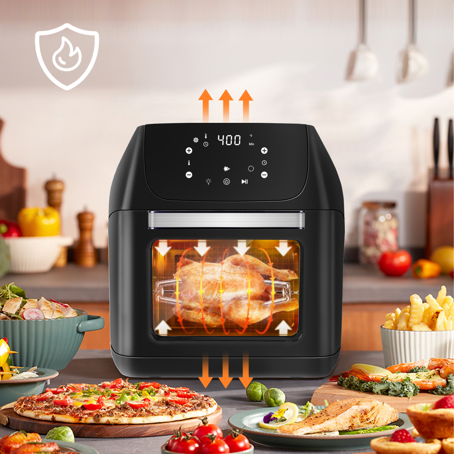 Aigostar 10-in-1 Air Fryer Oven, 13 QT Air Fryer with Rotisserie, Dehydrator, Convection Oven, Removable Door and Smart One Touch Cooking, 6 Accessories, 1500W Family Size Air Fryer Oven Combo, Black