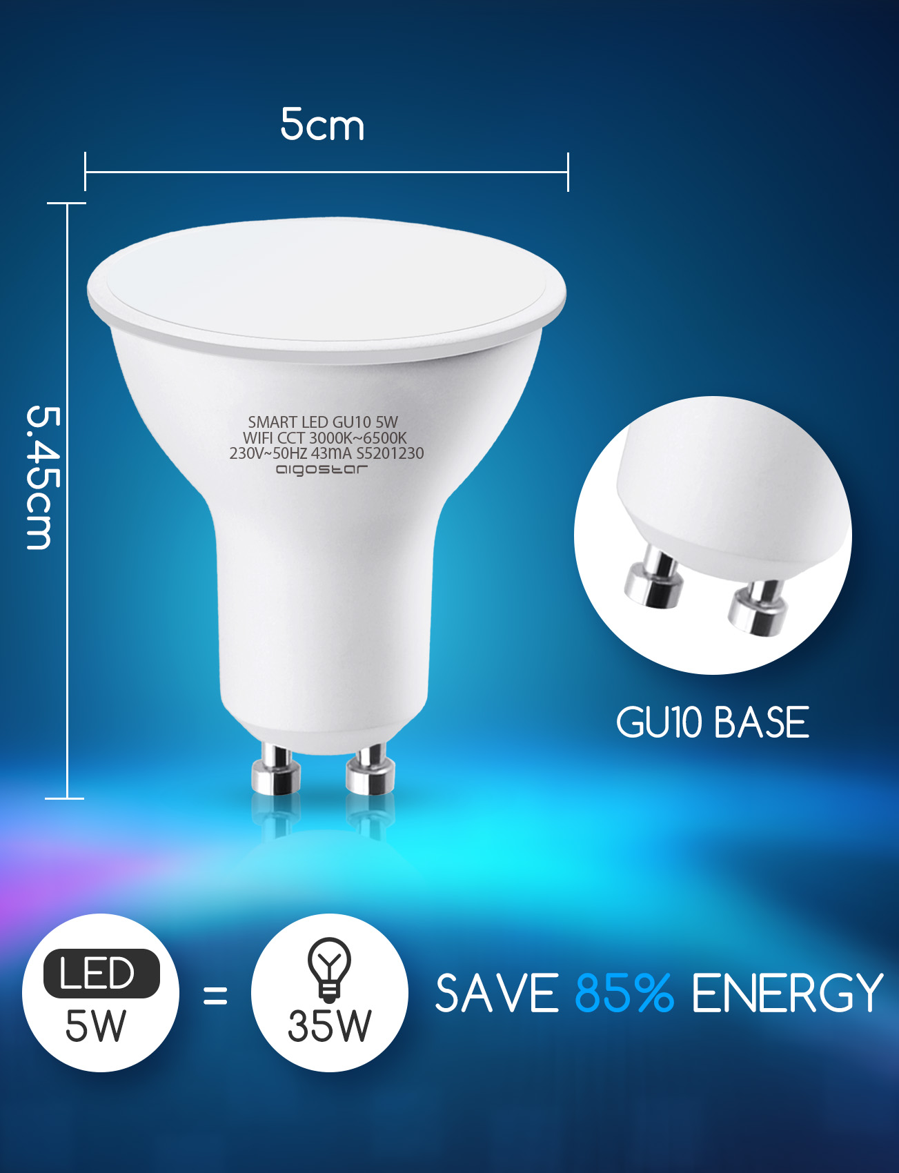 Aigostar-Lampadina Smart WiFi GU10 Lampadine Smart LED 5W (35W Equivalente) Funziona con Alexa e Google Home， Dimmerabile 3000k - 6500k， Nessun Hub Richiesto， 2.4Ghz， 5 Pcs (202088)