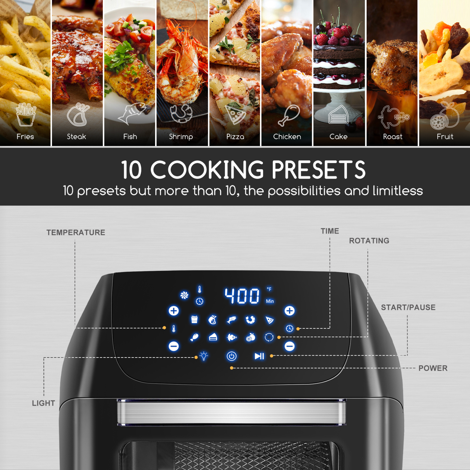Aigostar 10-in-1 Air Fryer Oven, 13 QT Air Fryer with Rotisserie, Dehydrator, Convection Oven, Removable Door and Smart One Touch Cooking, 6 Accessories, 1500W Family Size Air Fryer Oven Combo, Black