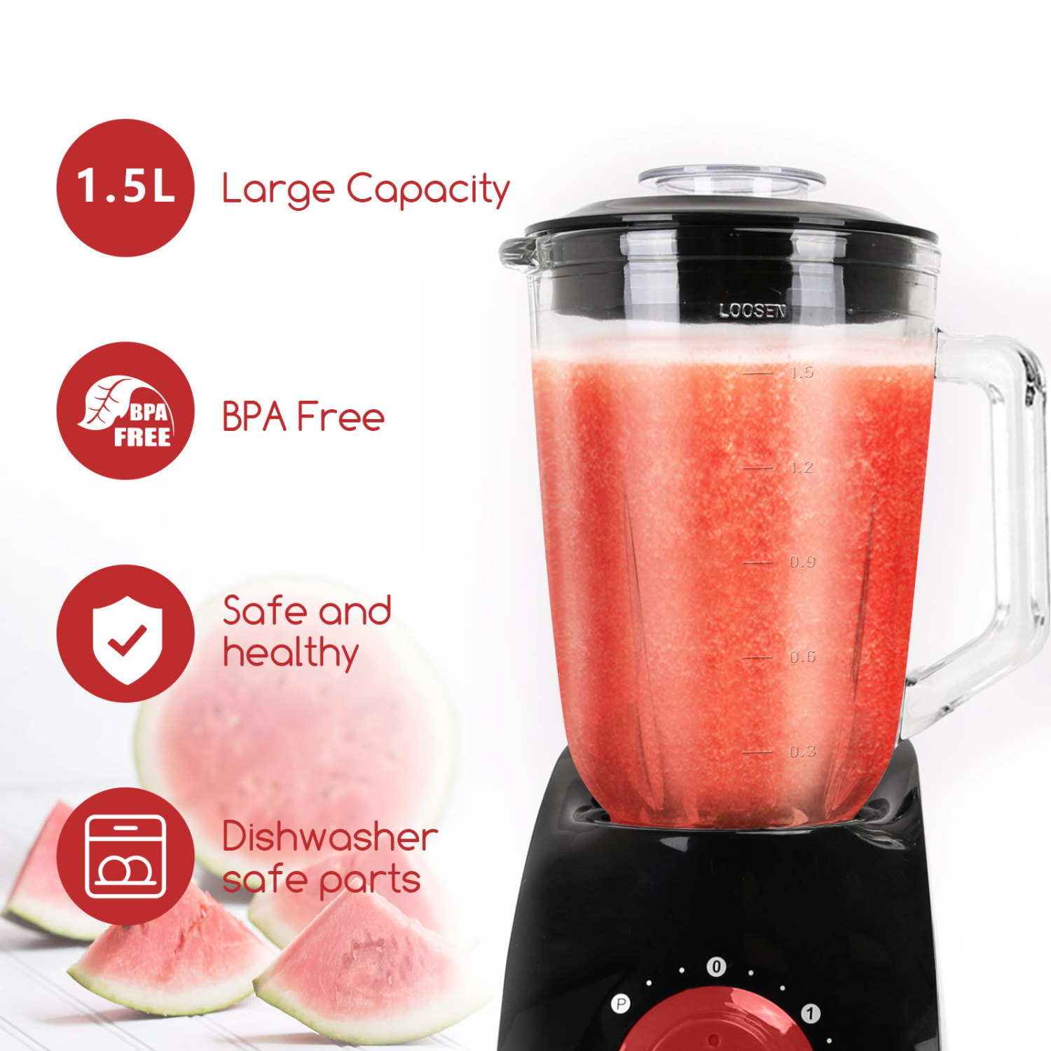 Aigostar Pomegranate 30JDF – Mixeur blender multifonction sans BPA. 750 W et deux vitesses, fonction glace pilée. Jarre en verre de 1,5 litres et 4 lames en acier inoxydable de qualité alimentaire.