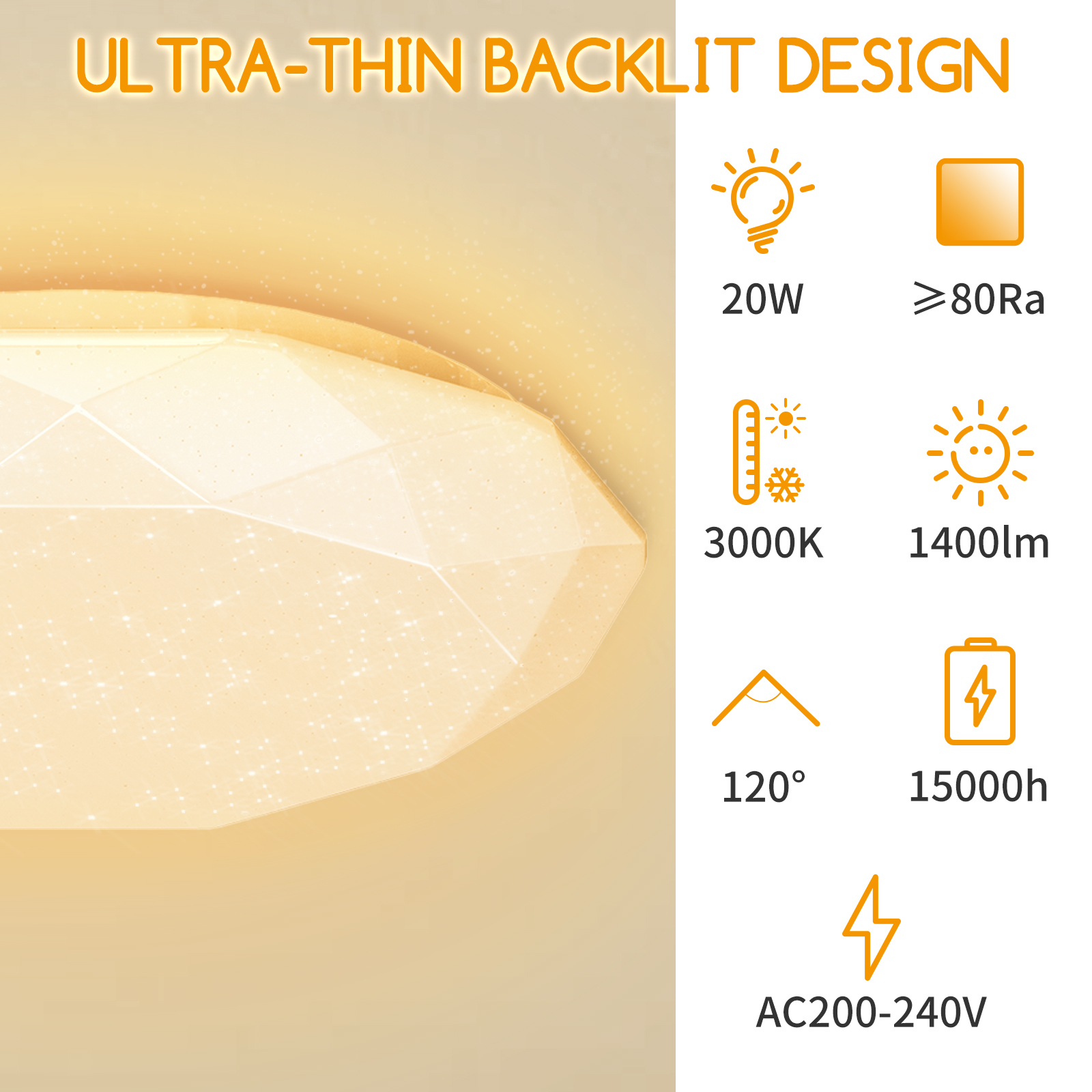 Aigostar - Plafón LED de techo diamante 20W, 1400lm y luz cálida 3000K. Lámpara de techo LED con diseño de diamante, perfecta para salas de estar, dormitorios, cocinas o pasillos