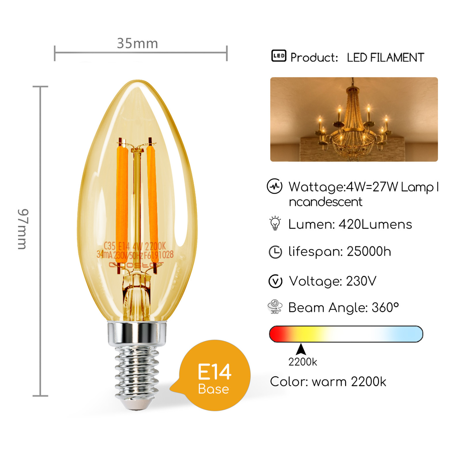 Aigostar Lampadina Stile Decorazioni Vintage Edison, Lampadina LED E14 Da 4W(Equivalente A 37W), 2200K Bianco Caldo, 420 Lumens, Pacco da 5 [Classe di efficienza energetica A+]