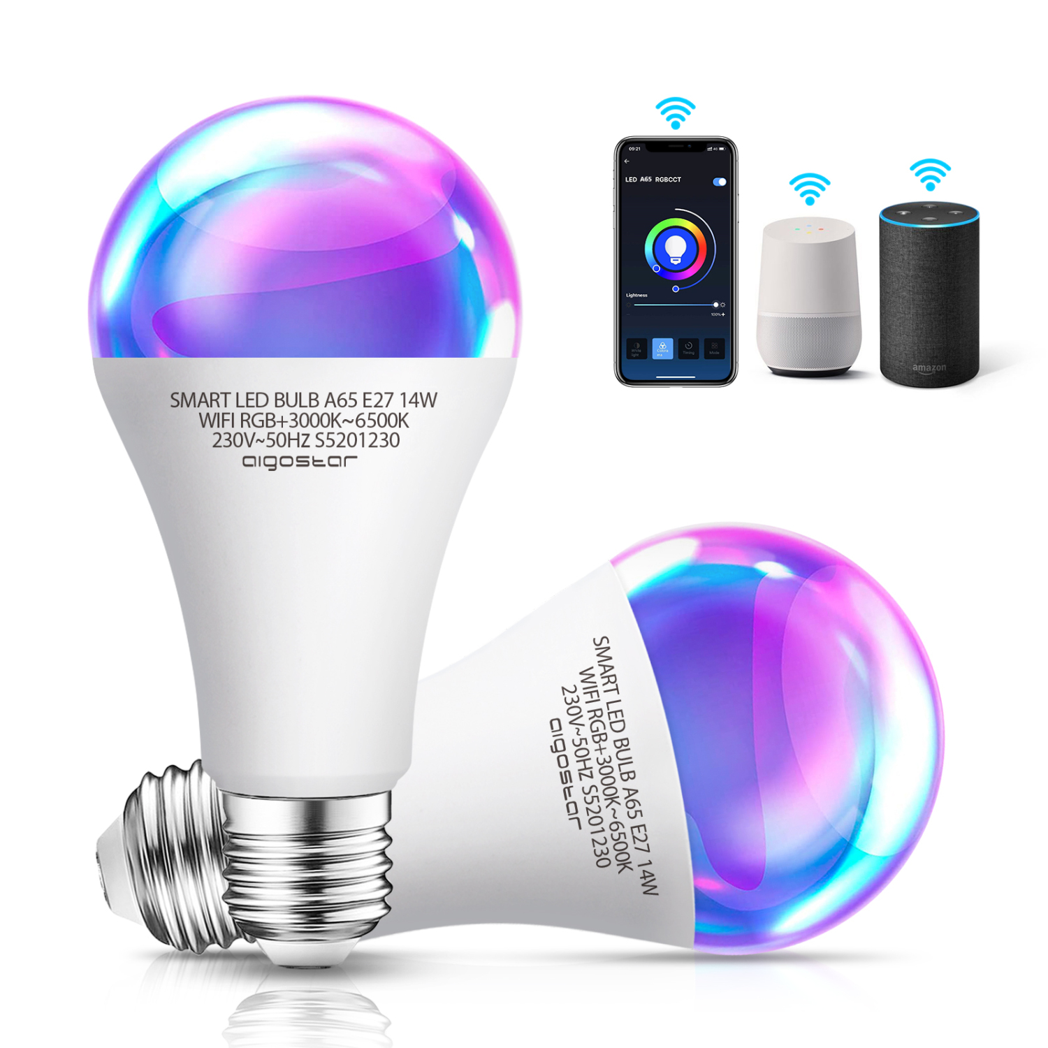 Aigostar 2 Pack Bombilla LED inteligente WiFi A65, 14W, 1400LM, E27 casquillo gordo, RGB + CCT. Regulable multicolor + luz cálida o blanca 3000 a 6500K, Compatible Alexa y Google Home, energética A+