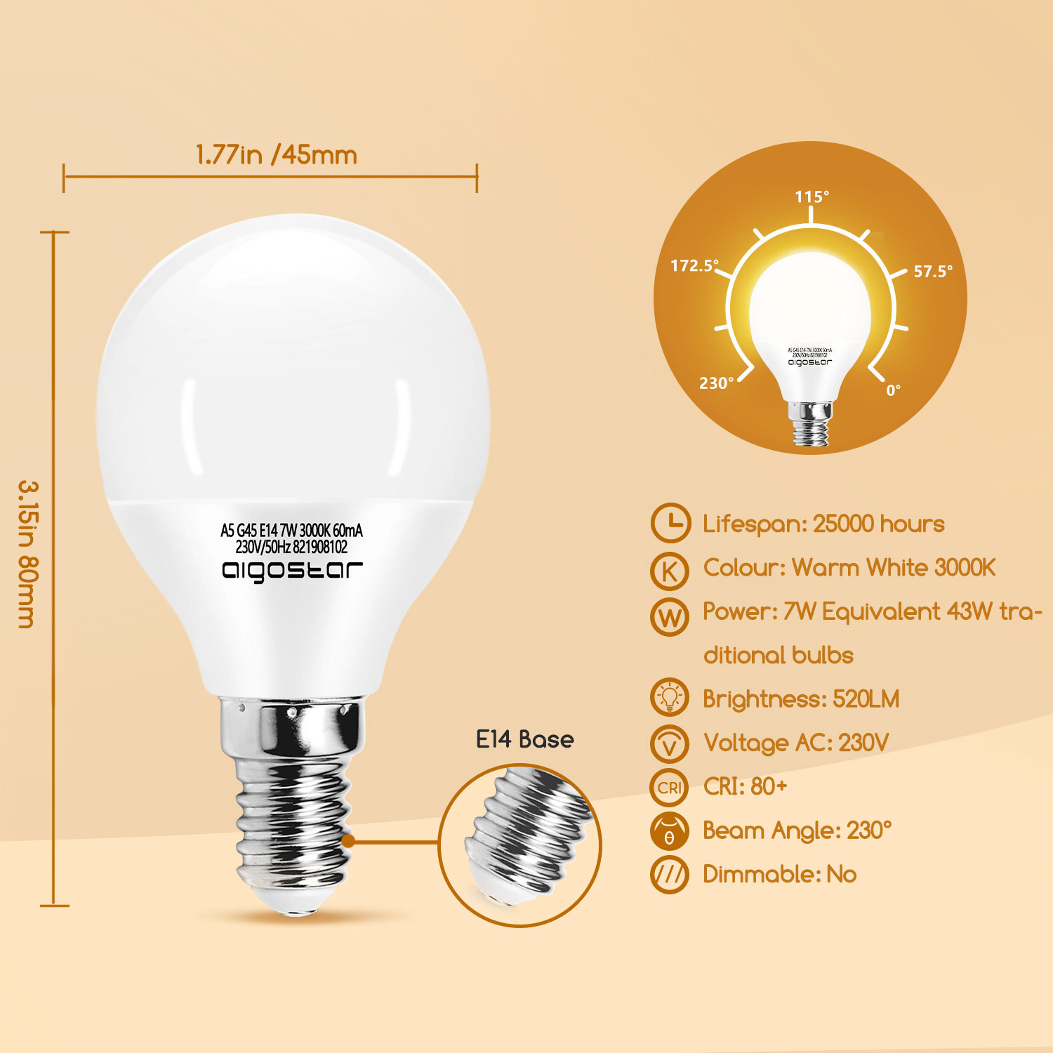 Led E14 Warmweiß 7W Leuchtmittel Lampe Glühbirnen 3000K 520 Lumen Abstrahlwinkel 230 Grad Energiesparend, Multipack mit 5 Lampen