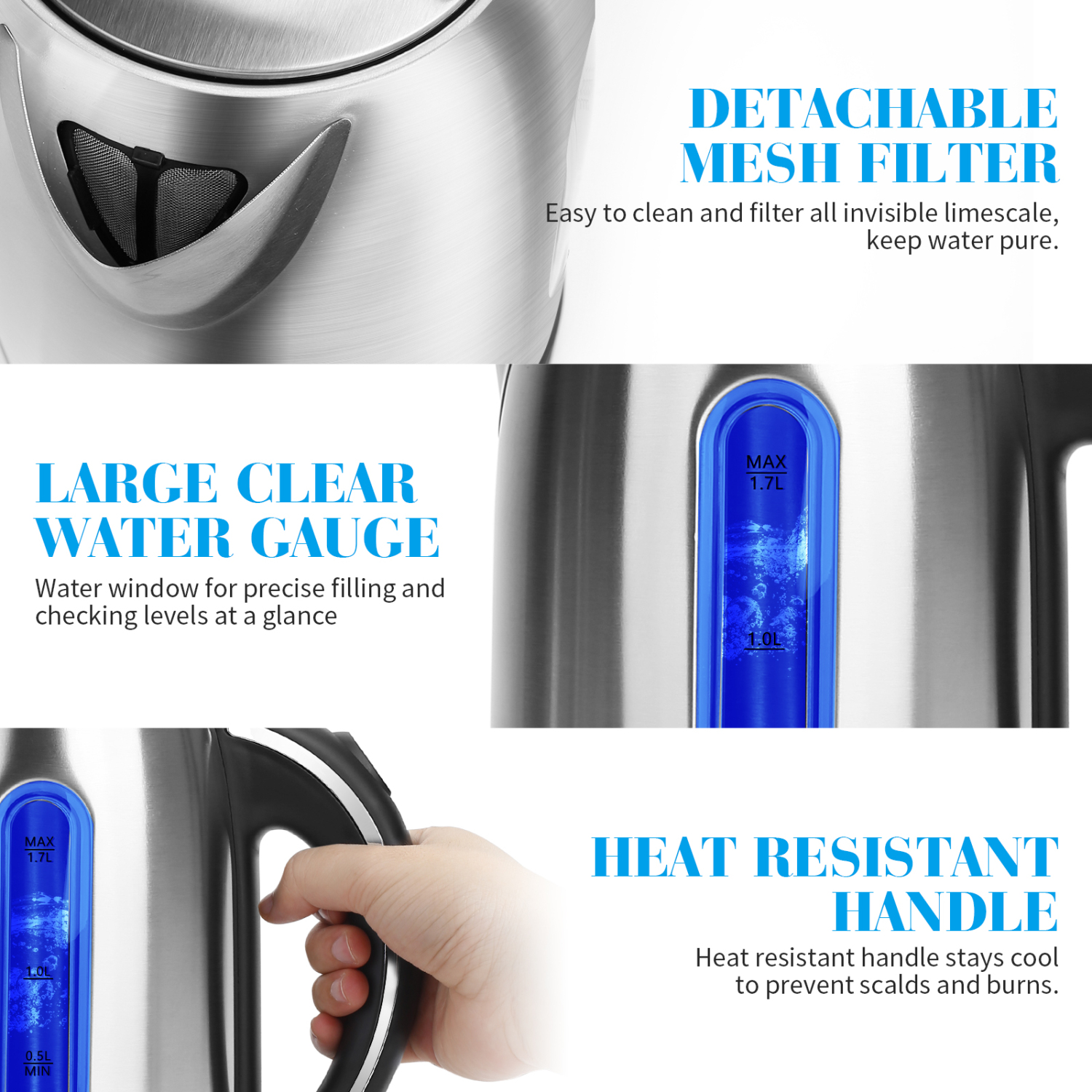 Aigostar King 30CEA – Hervidor de agua con iluminación led de 1,7 litros de capacidad, potencia de 2200 watios, libre de BPA y material de acero inoxidable pulido. Sistema de protección contra la ebullición en seco. Diseño exclusivo.