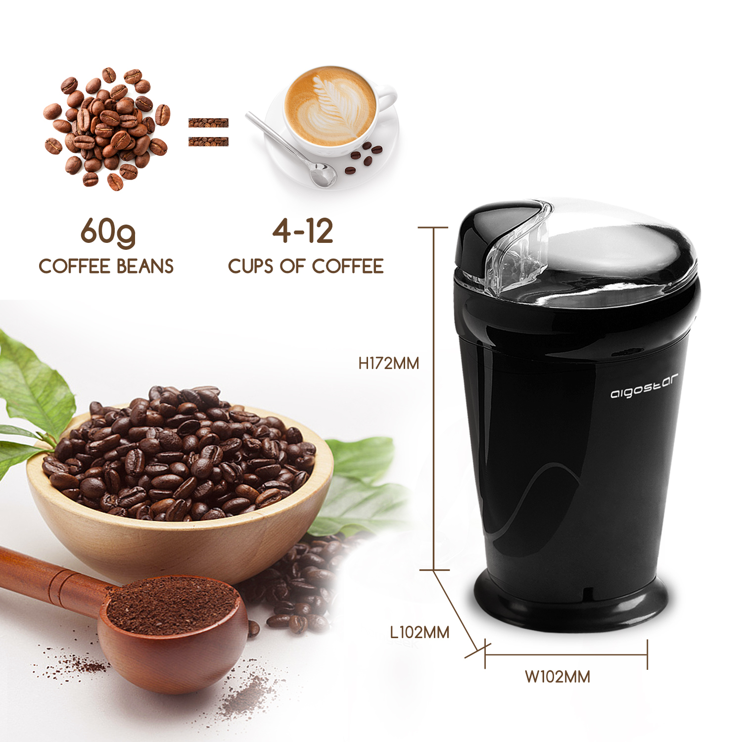 Aigostar Breath 30CFR - Moulin à café, épices et graines 100% sans BPA. Lames en acier inoxydable avec protection anti-usure. De couleur noir, puissance de 150W et capacité de 60 gr. Design exclusif.