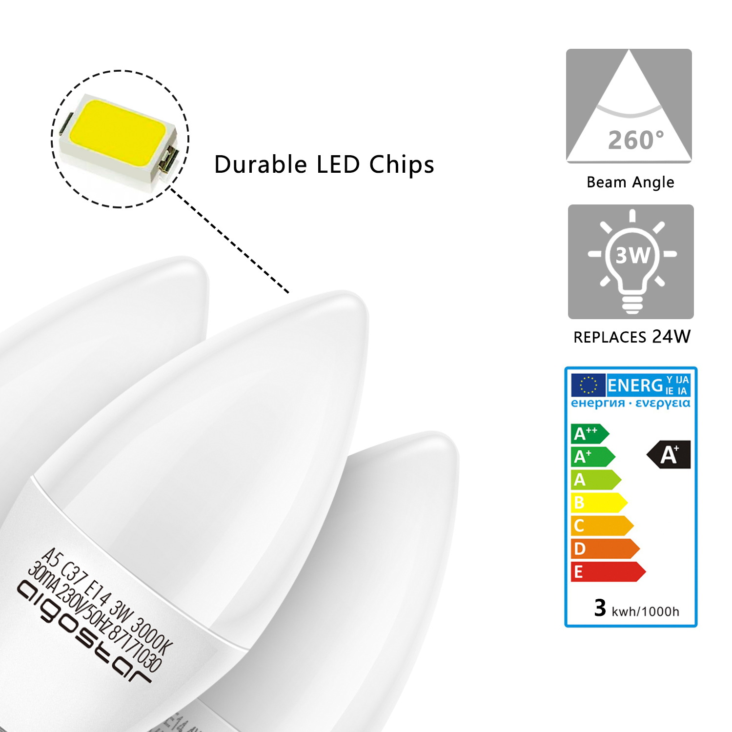 Aigostar - Lampadine LED E14 Candela, 3W equivalente a 24W, 240 lumen, Luce Fredda 3000K, Pacco da 5[Classe di efficienza energetica A+]