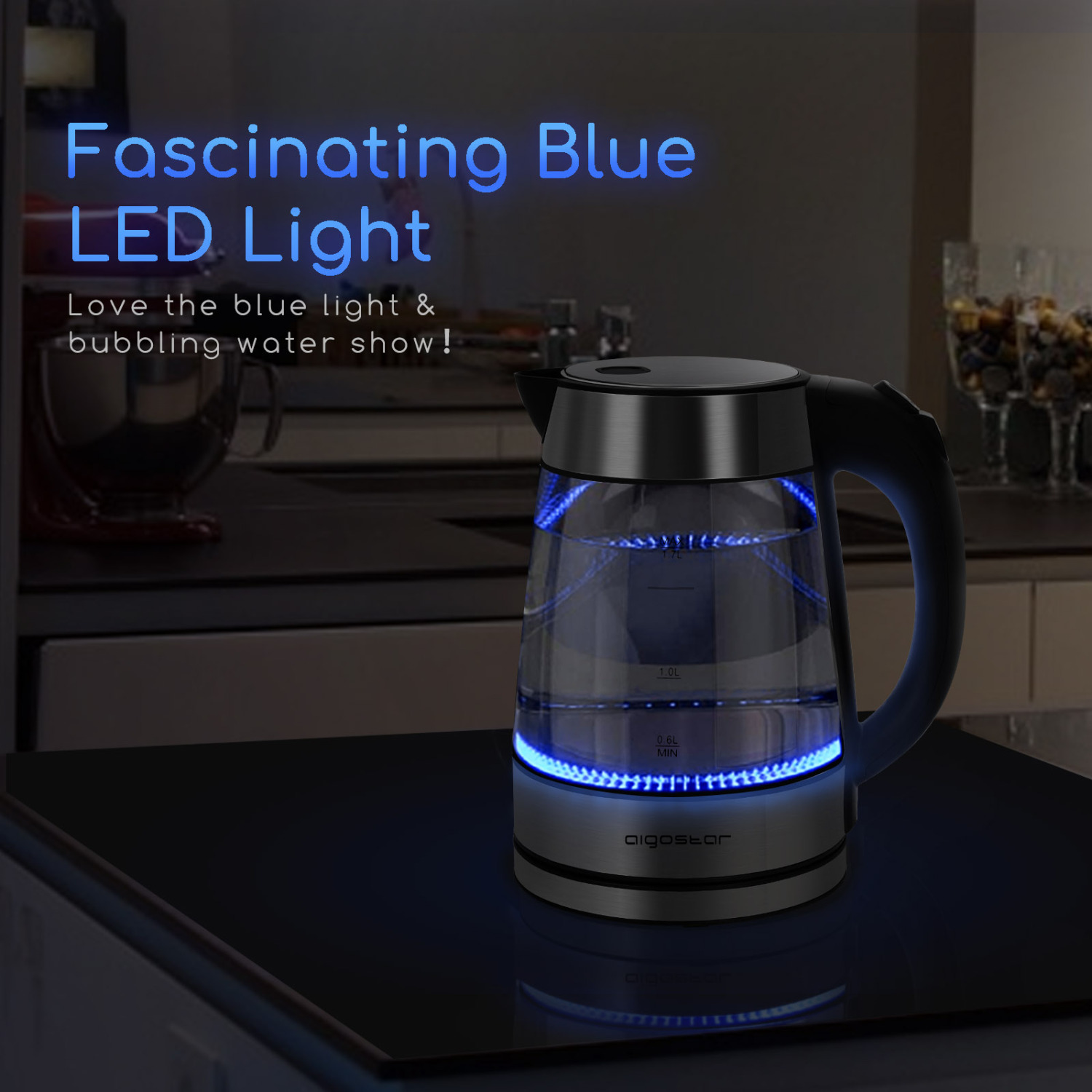 Aigostar Chubby 30LCZ – Bouilloire à ébullition rapide et illumination LED bleu, 1,7 litres, 2200W. Arrêt automatique, protection anti-ébullition à vide.