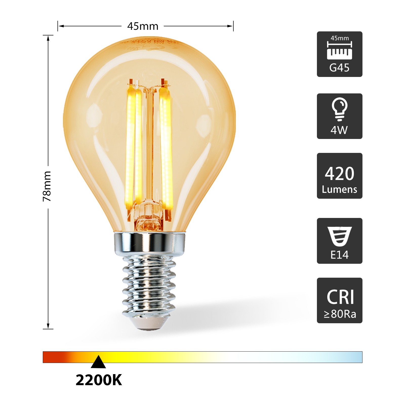 Aigostar  Vintage Bombilla LED E14, 4W Equivalente a 37W, Blanco Cálido 2200K ,420lm, G45 Bombilla Filamento Led,Angulo de Apertura 360º,5 Pieza