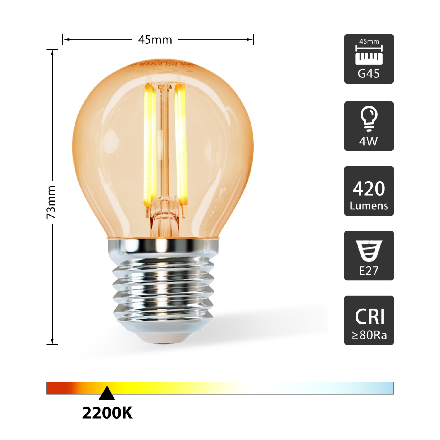Aigostar Vintage Bombilla LED E27,4W Equivalente a 37W, Luz Cálida 2200K,420lm, G45 Bombilla Filamento Led,No Regulable,5 Pieza