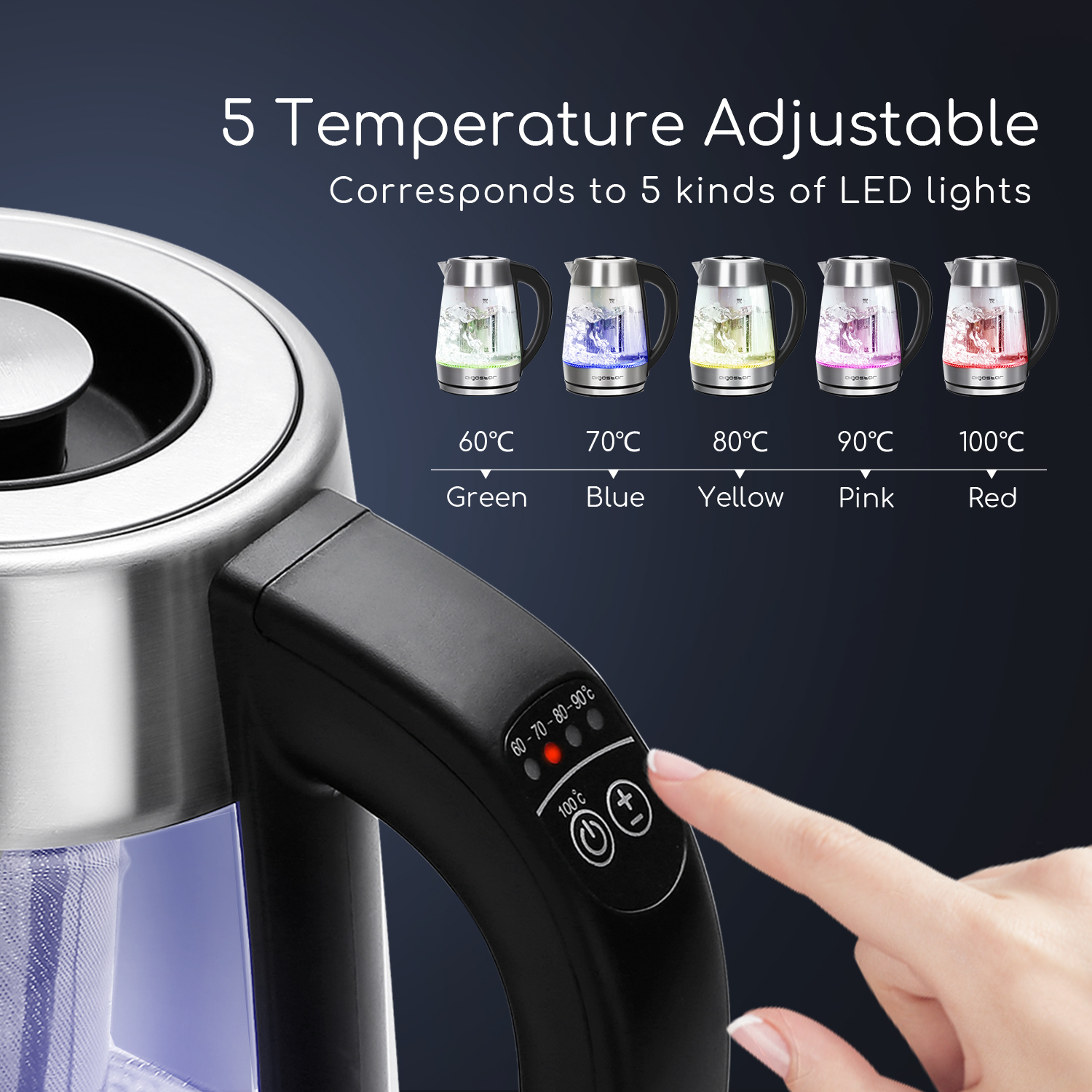 Aigostar Cris - Hervidor de vidrio de borosilicato con infusor de té, 5 niveles de temperatura, 1.7L, 2200 W, función mantener caliente, iluminación LED, apagado automático, libre de BPA.