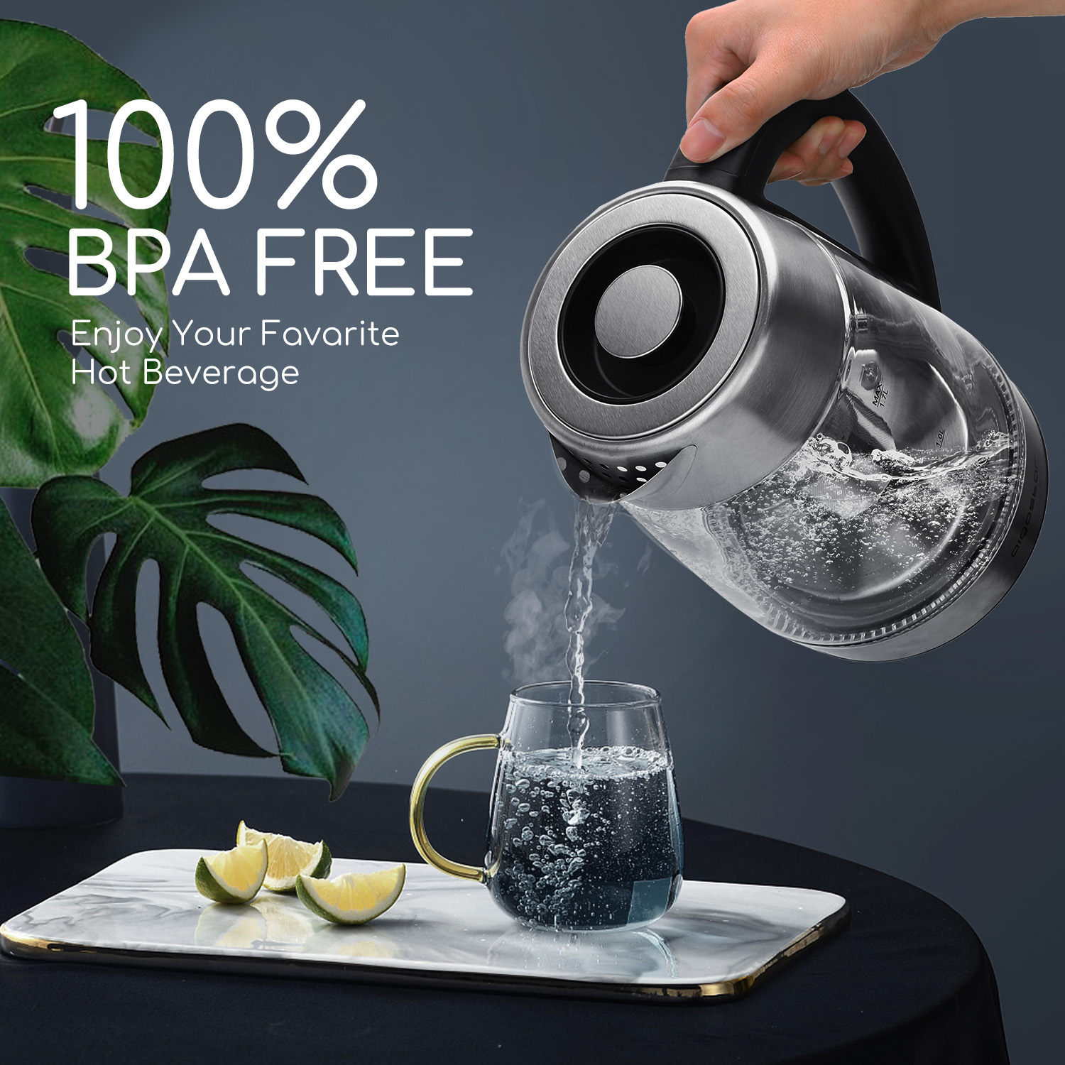Aigostar Cris - Hervidor de vidrio de borosilicato con infusor de té, 5 niveles de temperatura, 1.7L, 2200 W, función mantener caliente, iluminación LED, apagado automático, libre de BPA.
