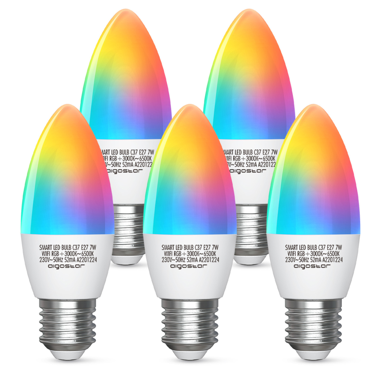 Aigostar Alexa Glühbirnen E27 Wlan Smart LED-Lampe, 7W Mehrfarbige Dimmbare , App Steuern Kompatibel mit Alexa und Google Home, Fernbedienung, Sprachsteuerung, kein Hub erforderlich, 2.4GHz (5 Packs)