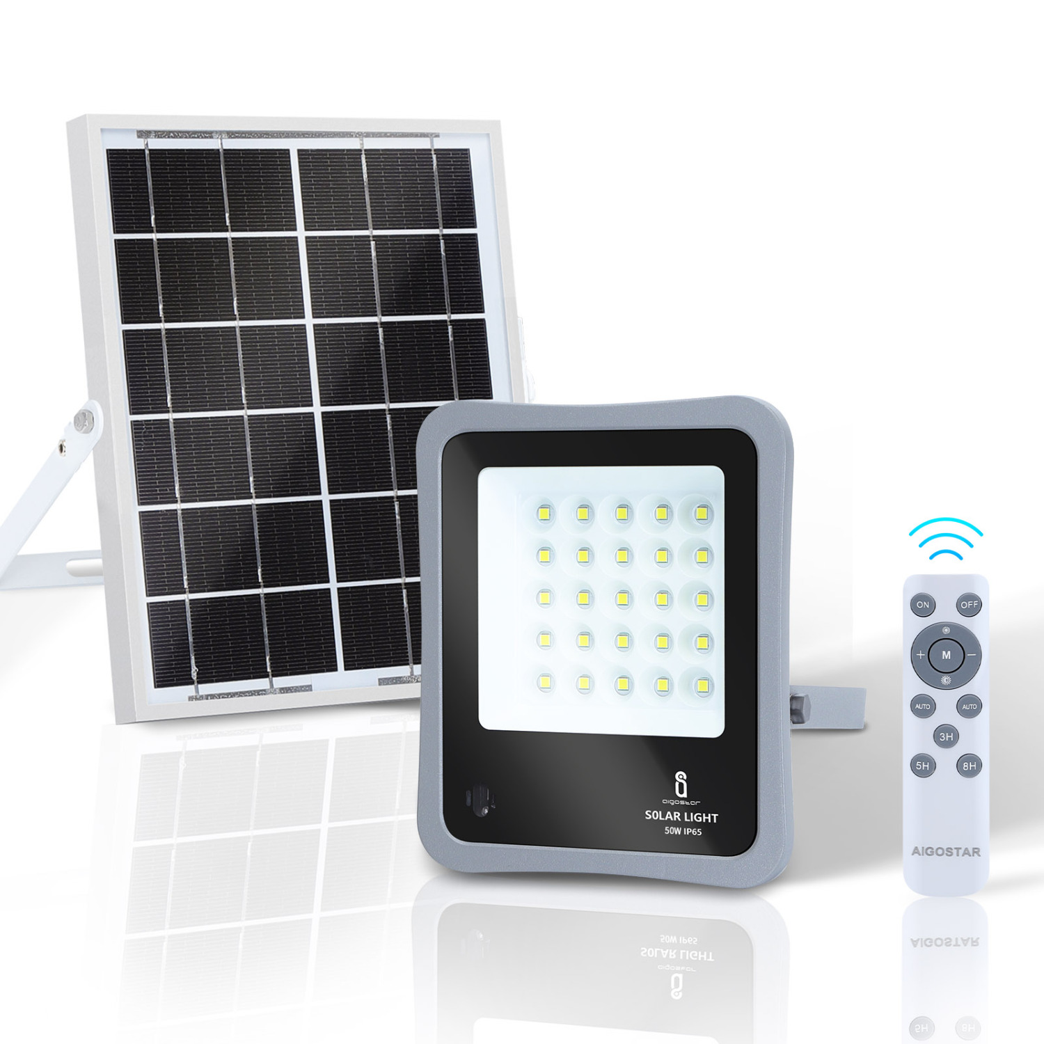 Aigostar - Faretto solare LED per esterni con telecomando da 50W, luce bianca 6500k. Faretto solare crepuscolare con funzione timer, IP65 resistenze alla pioggia