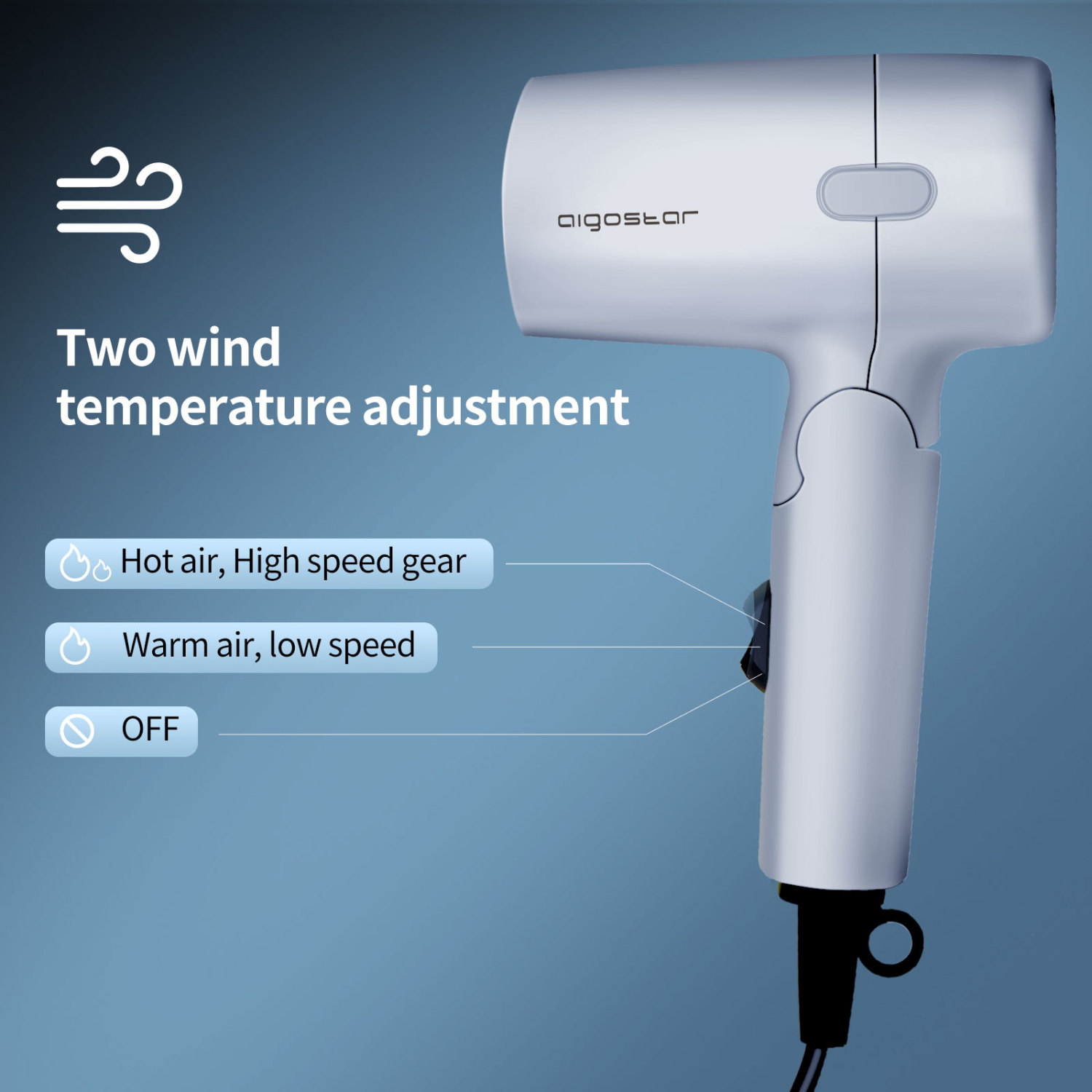 Aigostar Haartrockner-Reisehaartrockner mit klappbarem Griff, tragbar, Sicherheitsschutz, 2 Geschwindigkeiten und Temperatureinstellungen-Gale